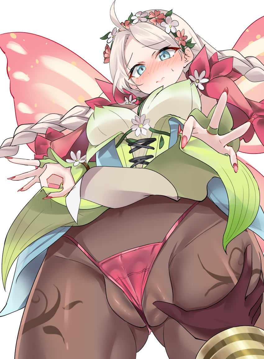 1boy 1girls absurdres ahoge alternate_costume ass_visible_through_thighs bikini blue_eyes blush braid breasts brown_pantyhose butterfly_wings cameltoe capelet clothes_lift commission commissioner_upload cross-laced_clothes cross-laced_dress deep_skin fairy_wings female female_focus fingernails fire_emblem fire_emblem_fates fire_emblem_heroes flower flower_bracelet from_below gradient_clothes green_bracelet groping hair_vines highres insect_wings kiran_(fire_emblem) kiran_(male)_(fire_emblem) leaf_bracelet lifted_by_self long_fingernails long_hair looking_at_viewer low_twin_braids medium_breasts micro_bikini nail_polish nina_(fire_emblem) nina_(resplendent)_(fire_emblem) nintendo non-web_source official_alternate_costume panties pantyhose parted_bangs pink_capelet pink_flower pink_nails pink_panties pov pussy ragnaveldt shy skirt skirt_lift solo_focus straight swimsuit thigh_grab transparent_background twin_braids underwear vine_bracelet vine_harness vine_print white_flower wings