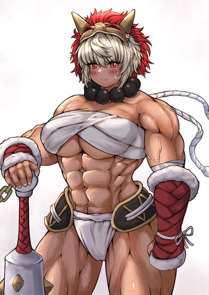 1girls abs absurdres bare_thighs beads biceps breasts chest_sarashi club_(weapon) commission dark-skinned_female dark_skin female female female_only fire_emblem fire_emblem_fates gunbai highres holding_club large_breasts mask mask_on_head muscular muscular_female mynameissuusan nintendo obliques prayer_beads rinkah_(fire_emblem) sarashi skeb_commission solo spiked_club thick_thighs thighs war_fan weapon