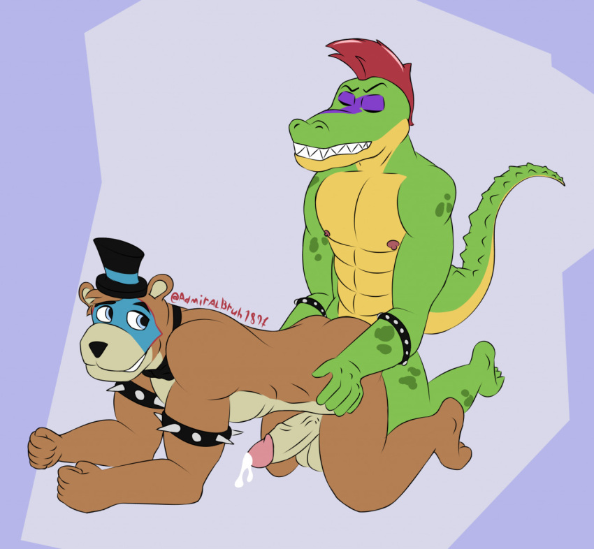 admiralbruh1897 alligator_tail anal anal_sex animatronic anthro background biceps blue_eyes body_markings boner bowtie brown_fur closed_eyes closed_mouth cum cum_drip cum_on_penis erection facial_markings five_nights_at_freddy's five_nights_at_freddy's:_security_breach fnaf gay gay_sex glamrock_freddy_(fnaf) green_body lighting_bolt looking_at_another looking_back looking_pleasured machine male male/male male_focus male_only male_penetrating male_penetrating_male mohawk mohawk_(hairstyle) montgomery_gator_(fnaf) muscular muscular_anthro muscular_arms muscular_male muscular_thighs non-human non_mammalian_nipples nude pink_glans red_hair reptile reptile_humanoid robot robot_humanoid scottgames simple_background spiked_bracelet spotted_body tail tail_markings tattoo toothy_grin top_hat two_tone_body two_tone_fur ursid ursid_humanoid