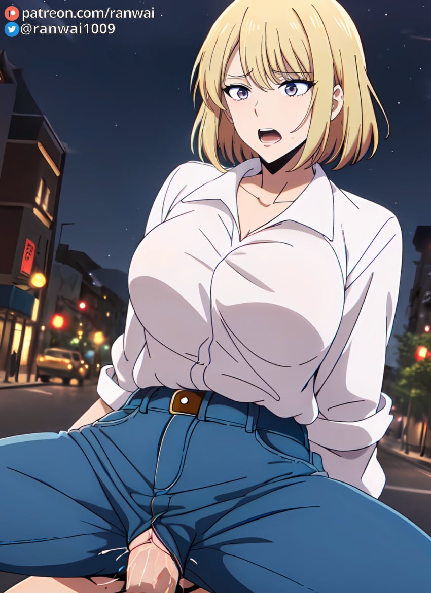 ai_generated blonde_hair cha_hae_in cowgirl_position jeans large_breasts ranwai sex shirt solo_leveling stable_diffusion webtoon