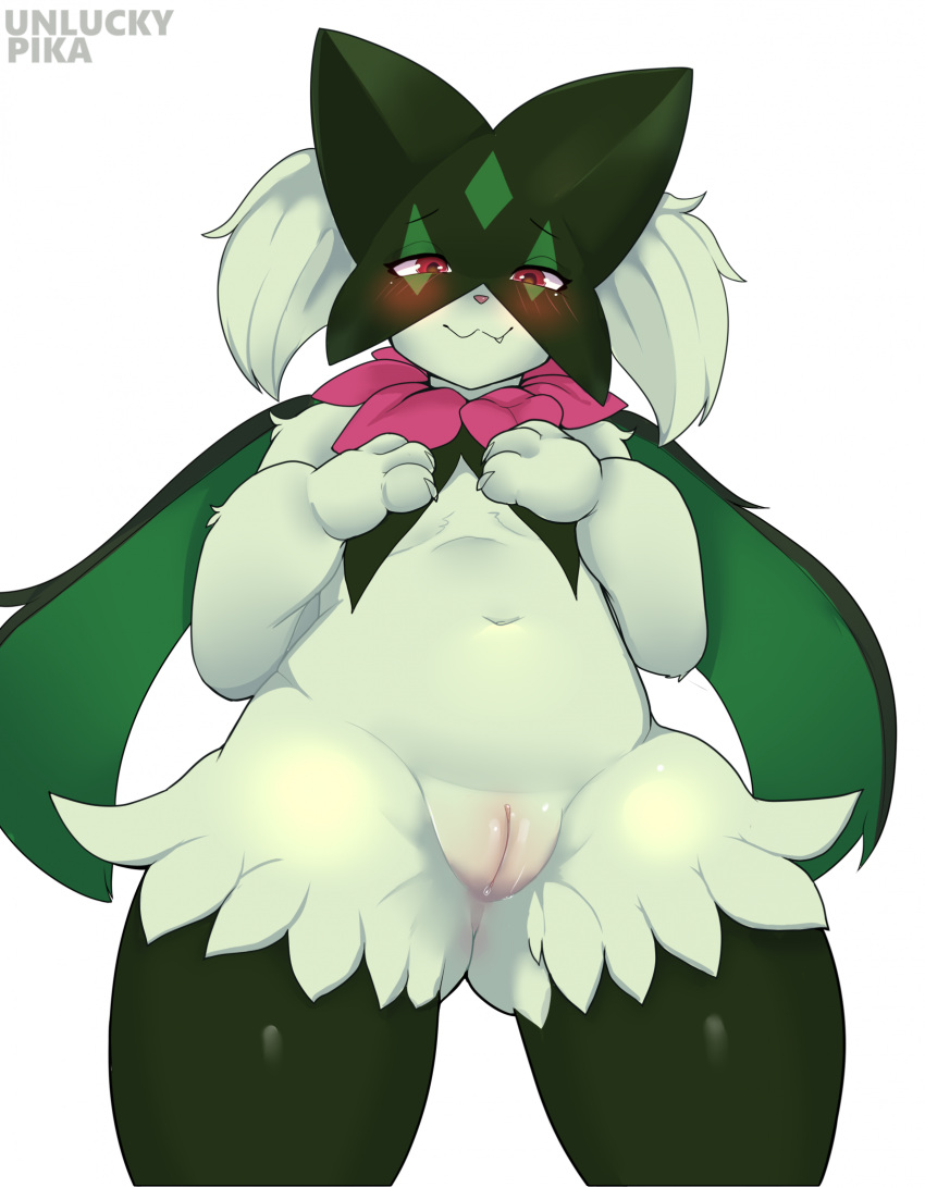 2024 3_fingers :3 anthro artist_name biped black_eyelashes blush bodily_fluids body_blush breasts claws covered_breasts cute_fangs digital_media_(artwork) eyelashes female fingers front_view fur generation_9_pokemon genital_fluids genitals green_body green_fur hand_on_chest hi_res looking_at_viewer meowscarada navel nintendo nude pink_nose pokemon pokemon_(species) pupils pussy pussy_blush red_eyes simple_background small_breasts smile solo standing tuft unluckypika unluckypika21 vaginal_fluids white_background