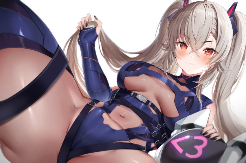 bodysuit breasts close_up fully_clothed indie_virtual_youtuber legs maru_ccy red_eyes saruei_(vtuber) skin_tight thighs tummy twintails virtual_youtuber vtuber white_hair