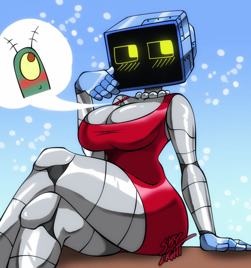 1boy 1girls 2d big_ass big_breasts big_thighs breasts dress female humanoid husband_and_wife karen_plankton male necklace red_dress robot robot_girl robot_humanoid screen_face sheldon_j._plankton sitting skylight_(artist) spongebob_squarepants spongebob_squarepants_(series) thick_hips thighs tv tv_head voluptuous voluptuous_female wholesome