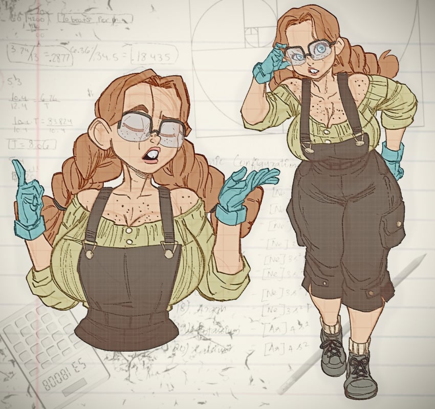 big_teeth braids buck_teeth buckteeth francesca_faraday freckles freckles_on_breasts freckles_on_face geek geeky ginger glasses gloves lukex8a nerd nerdy_female overalls twin_braids