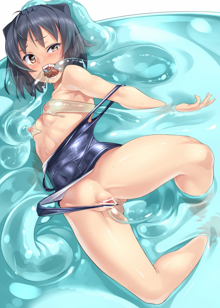 absurdres animal_ears arcana_heart black_hair blush breast_grab brown_eyes cat_ears censored daidouji_kira female highres nipples one-piece_swimsuit open_mouth orochi_itto penetration rape restrained school_swimsuit short_hair slime slime_monster solo sweat swimsuit swimsuit_aside swimsuit_tug tongue tongue_grab tongue_out vaginal_penetration