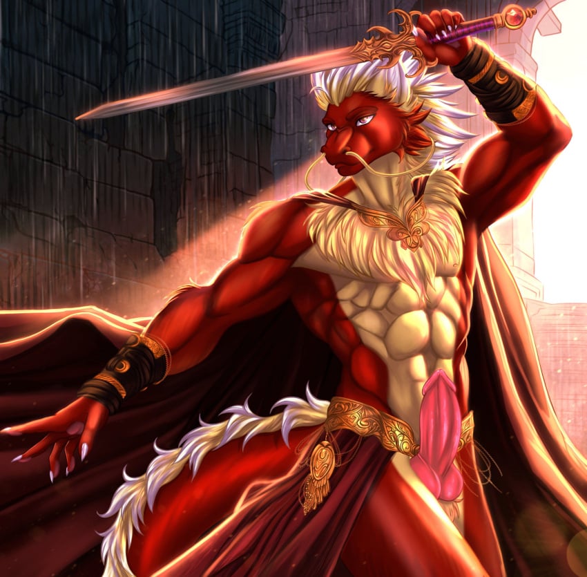 abs animal_genitalia animal_penis anthro asian_mythology blonde_hair body_hair canine_genitalia canine_penis chest_fur chest_hair chest_tuft claws clothing digital_drawing_(artwork) digital_media_(artwork) digitigrade dragon east_asian_mythology eastern_dragon erection fingers fluffy fluffy_ears fluffy_hair fluffy_neck_fur fluffy_tail fur genitals hair hi_res horn knot knotted_penis looking_at_viewer male mammal melee_weapon moonymoth multicolored_body multicolored_fur multicolored_hair muscular muscular_anthro muscular_male mythological_creature mythological_scalie mythology neck_tuft nude penile penis purple_eyes red_body red_fur red_hair scalie smile solo sword tail tail_tuft tuft vitamin_c_(forwardpickup) weapon whiskers yellow_body yellow_fur