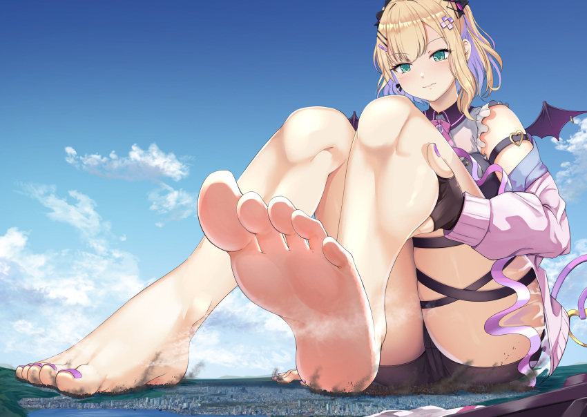 1girls alternate_version_available barefoot bat_wings blonde_hair city curious destruction detailed_background feet feet_focus feet_up female giantess green_eyes kurumi_noah lien mountain purple_nails purple_streak sequence shoes_removed streaked_hair virtual_youtuber vspo!