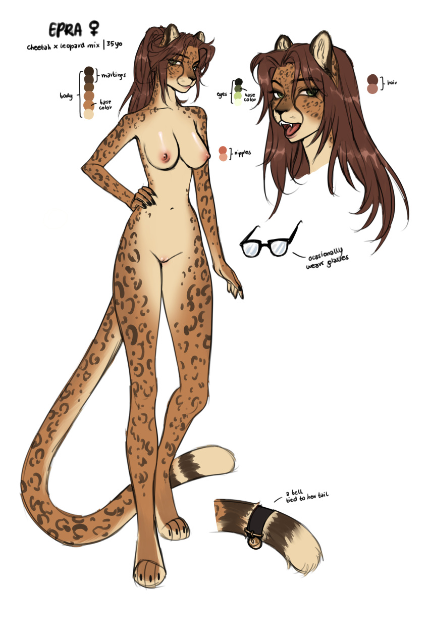 absurd_res anthro breasts brown_hair cheetah digital_media_(artwork) epra eyewear felid feline female fur genitals glasses green_eyes hair hi_res leopard looking_at_viewer mammal model_sheet nipples nude pantherine peachylu pussy smile solo tail