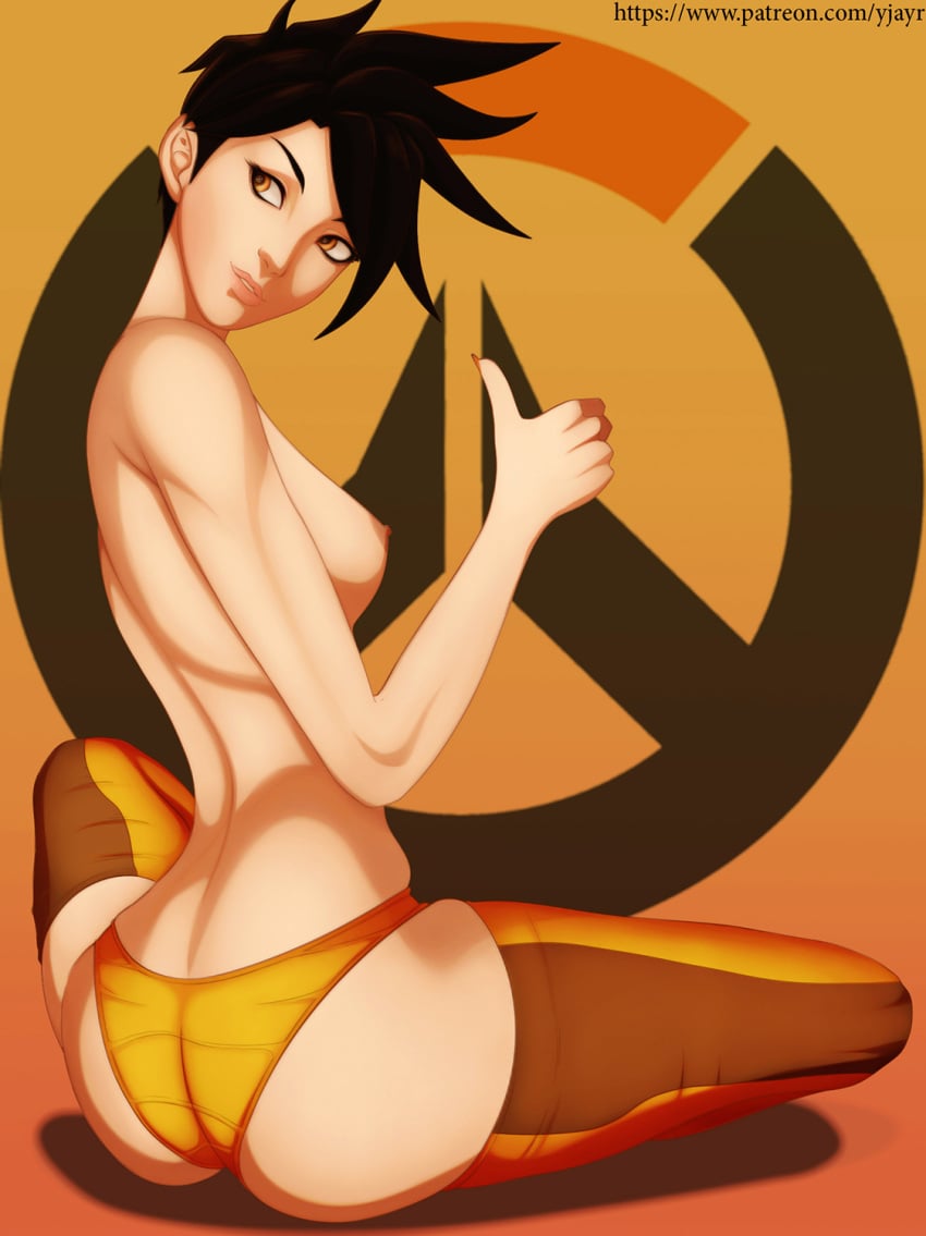 1girls 2016 ass blizzard_entertainment booty breasts brown_eyes brown_hair female female_focus female_only logo medium_breasts nipples orange_background orange_eyes overwatch overwatch_2 panties short_hair sitting thick_thighs thighhighs thighs thumbs_up tracer youngjaerome