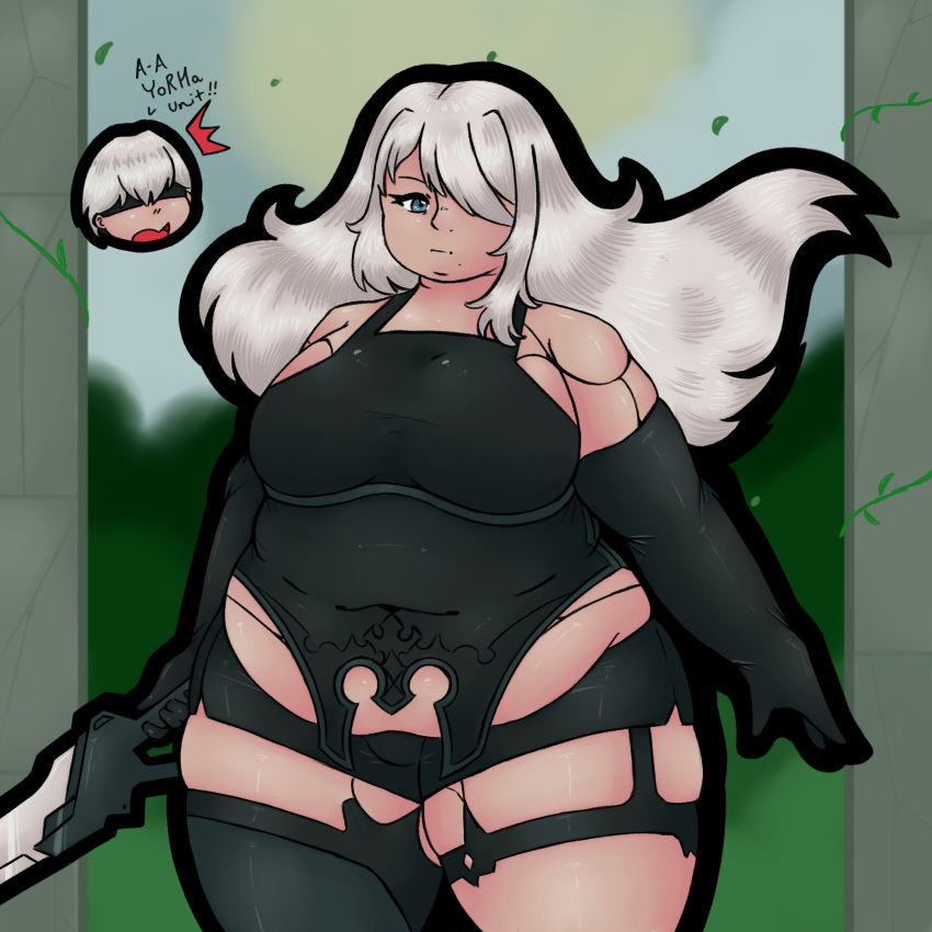 1girls bbw belly big_belly big_breasts breasts chubby english_text fat female female_focus huge_belly light-skinned_female light_skin long_hair looking_at_viewer nier nier:_automata overweight realisticdino text thick_thighs white_hair yorha_a2