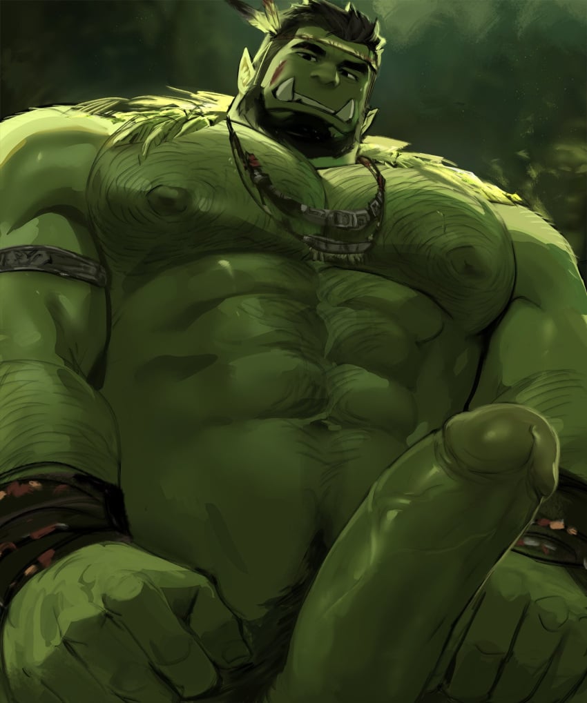 abs body_hair chest_hair dopq fangs genitals green_body green_skin hi_res humanoid humanoid_pointy_ears male muscular muscular_humanoid muscular_male nipples orc orc_male pecs penis solo solo_male teeth vein veiny_penis