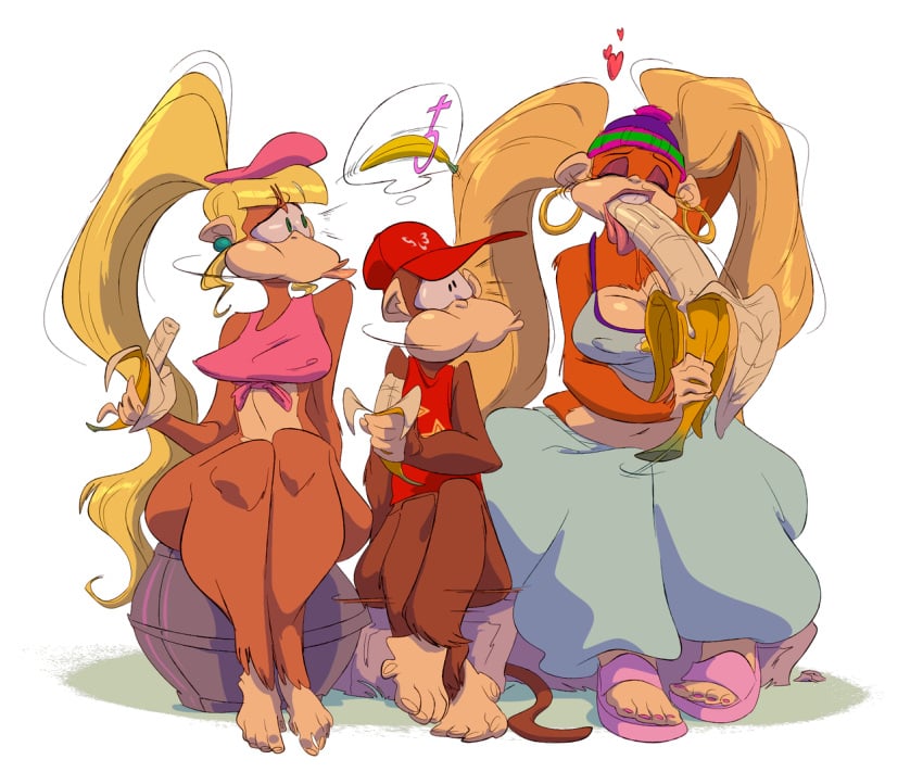 1boy 2girls alternate_body_type anthro ape arms_behind_head banana beanie beret big_breasts big_lips blonde_hair bottomless brown busty cleavage clothed clothing crop_top curvy diddy_kong dixie_kong donkey_kong_(series) ear_piercing eating eyeshadow female female_symbol fur furry green_eyes hair hat hi_res hiding_erection hoop_earrings knees long makeup mammal midriff monkey monkey_girl multiple_girls navel nintendo partially_clothed piercing ponytail primate seductive shirt sitting slb smile suggestive_gesture thick_thighs tiny_kong twintails underboob venus_symbol video_games wide_hips