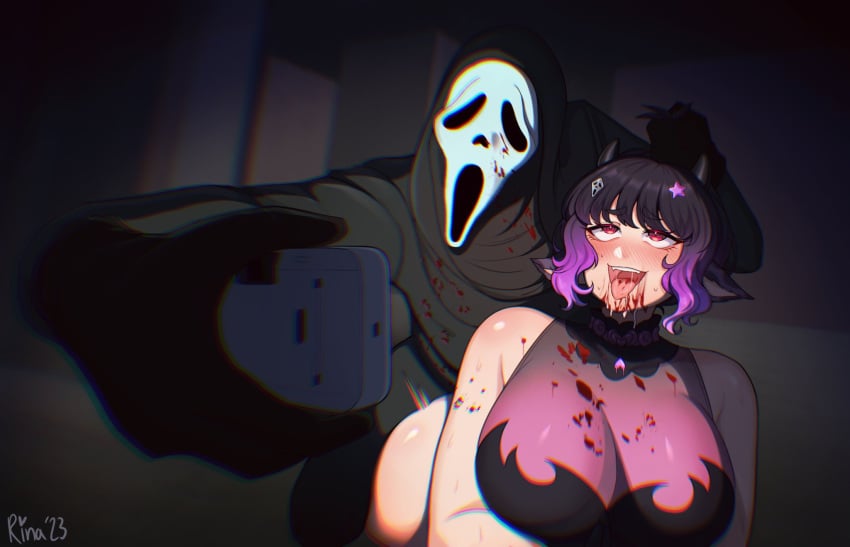 breasts danny_johnson dbd dead_by_daylight ghostface halloween highres huge_breasts multicolored_hair papulive plump rina_megakuma_(artist) scary_movie scream_(franchise) selfie tagme