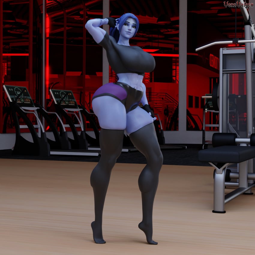 1girls 3d abs amelie_lacroix ass big_ass big_breasts black_fingernails black_nails black_thong blizzard_entertainment blue_hair elbow_sleeve female female_only fit fit_female gym looking_at_viewer muscular muscular_female muscular_thighs oiled oiled_skin oily overwatch overwatch_2 ponytail purple-skinned_female purple_skin shorts solo solo_female tattoo tattoo_on_stomach thick_thighs thunder_thighs vonsvaigen wide_hips widowmaker yellow_eyes