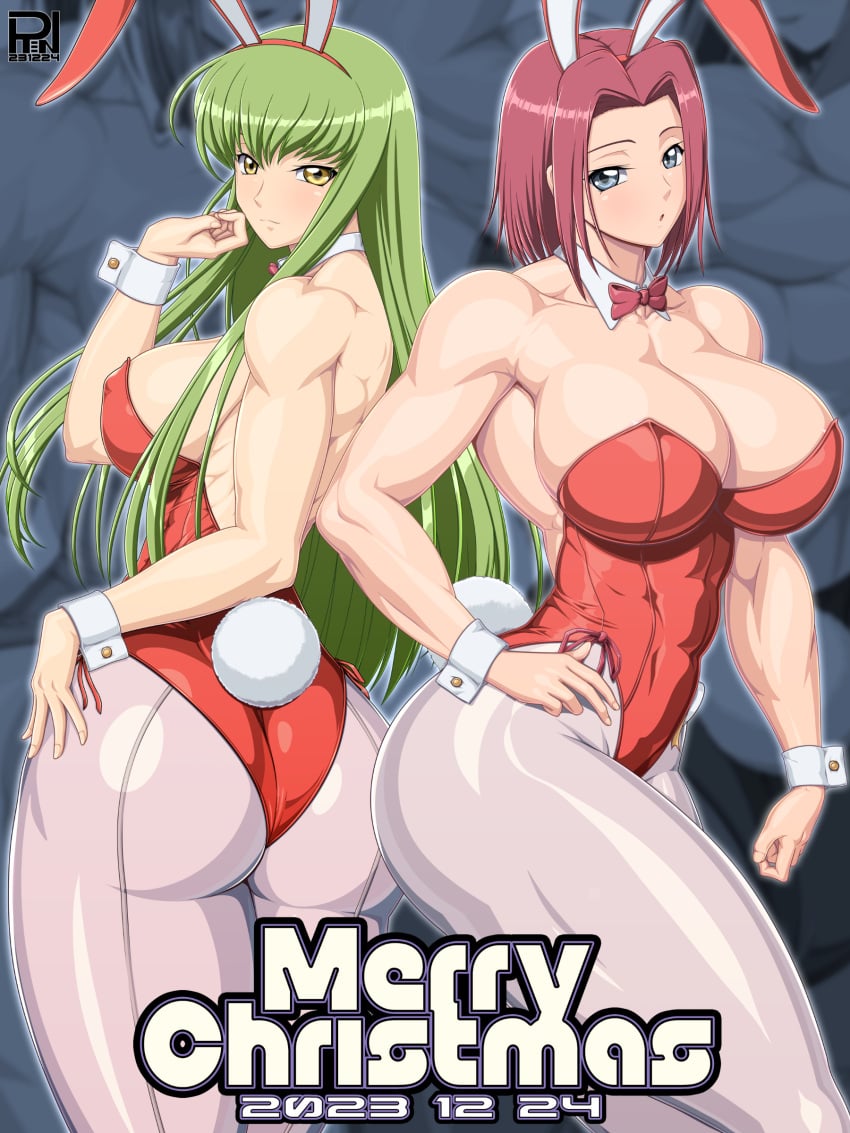 2girls ass big_breasts blue_eyes breasts bunny_ears bunny_tail bunnysuit c.c. cleavage code_geass detached_collar fake_animal_ears fake_tail female female_only green_hair hand_on_butt kallen_stadtfeld large_breasts leotard multiple_girls muscular muscular_female pantyhose playboy_bunny red_hair ren_(tainca2000) sideboob wrist_cuffs yellow_eyes