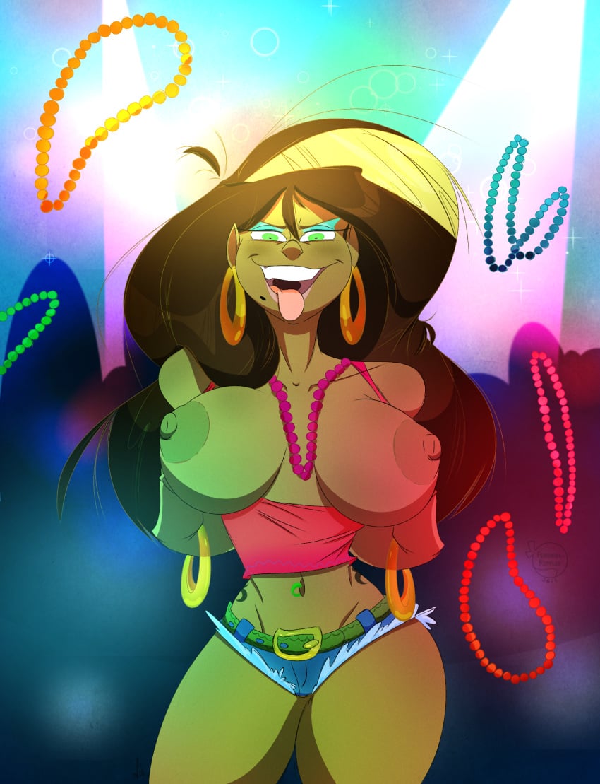 beads beauty_mark breasts brown_hair brown_skin dark_skin eyeshadow feathers-ruffled flash flashing green_eyes jewelry latina looking_at_viewer makeup mardi_gras mole party short_shorts tattoo thick thighs tongue_out tramp_stamp