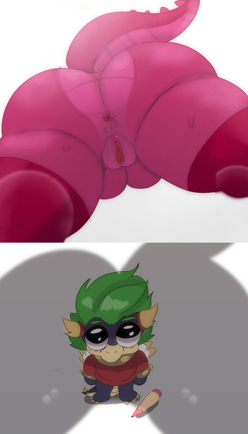 1boy 1girls anthro_on_anthro ass asshole big_ass chibi dark_body dat_anus dat_ass dragon dragon_girl green_skin huesosdry huesosdry_(huesosdry) jacksita_(jacksito) koopa_shell looking_up pink_body scalie tagme