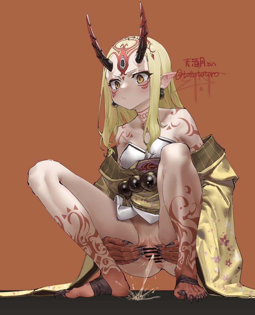 anus artist_name ass bar_censor bare_shoulders black_horns black_nails blonde_hair breasts censored clitoral_hood earrings expressionless eyeliner facial_mark fate/grand_order fate_(series) female female_only fingernails forehead_mark full_body ghode_(basashi) gradient_horns highres horns ibaraki_douji_(fate) japanese_clothes jewelry kimono long_hair makeup multicolored_horns off_shoulder oni orange_background peeing pointy_ears pussy red_horns sash sharp_fingernails sharp_toenails slit_pupils small_breasts solo spread_pussy squatting tattoo thighs toenails twitter_username yellow_eyes yellow_kimono