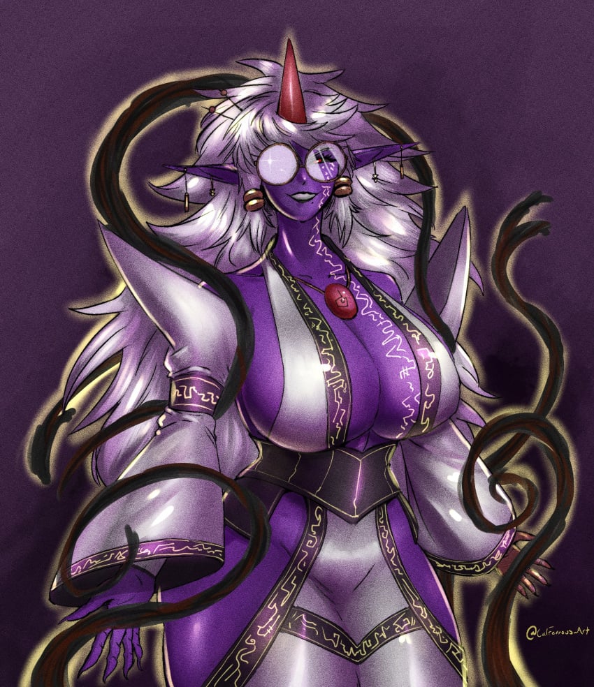 1girls big_breasts black_sclera body_markings calferrous_art demon demon_girl dress earrings female female_only glasses hi_res horn huge_breasts inner_sideboob long_hair looking_at_viewer necklace osumihime_(ramia-yana) pointy_ears purple_skin ramia-yana red_eyes round_glasses sideboob smiling smiling_at_viewer solo thick_thighs white_hair