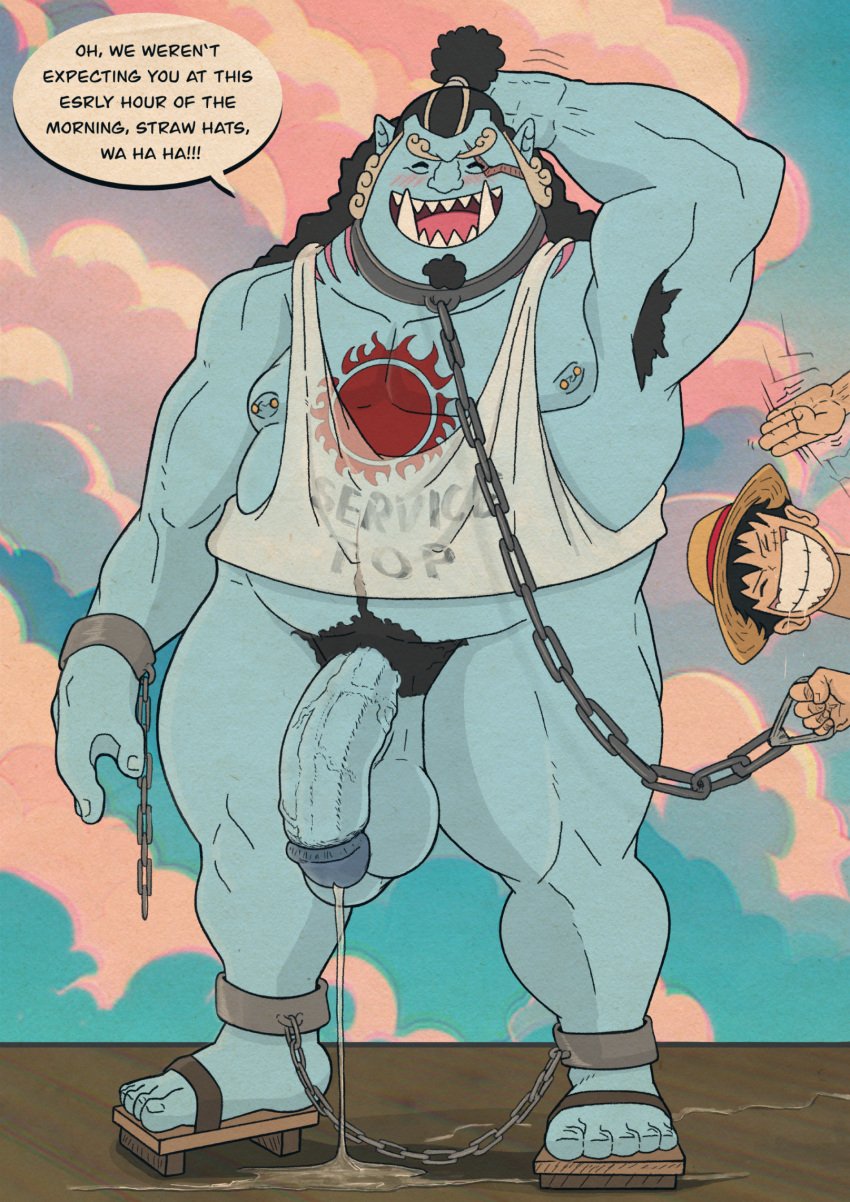 armpit_hair balls blue_body body_hair chains duo eye_scar facial_scar fish-men_(one_piece) flaccid genitals hi_res human humanoid jinbe low_hanging_balls male male/male male_only mammal marine monkey_d_luffy nipple_piercing nipples one_piece penis piercing pubes rev_(artist) scar