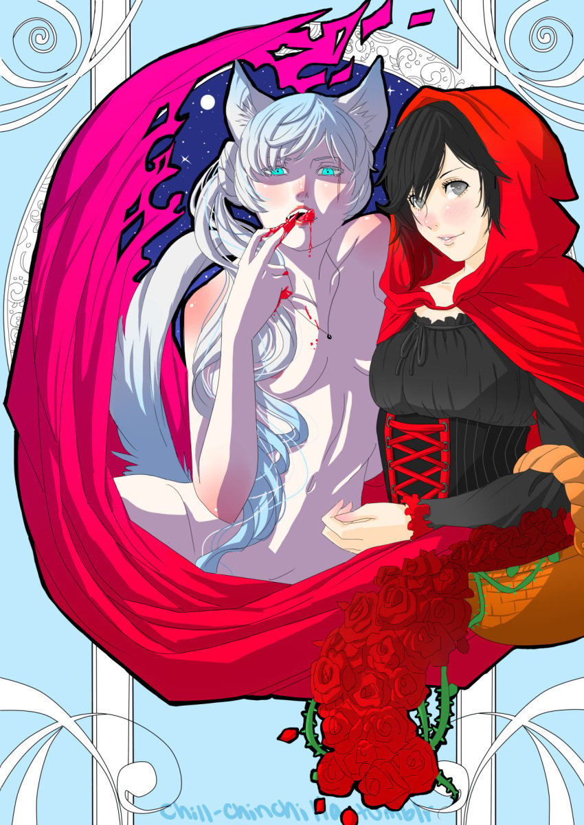 artist_request beastgirl blue_eyes cloak female female_only red_hair ruby_rose rwby silver_eyes weiss_schnee white_hair