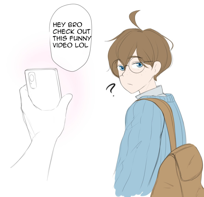 1boy blank_background blue_shirt brown_hair glasses human hypnosis phone_screen sealguy