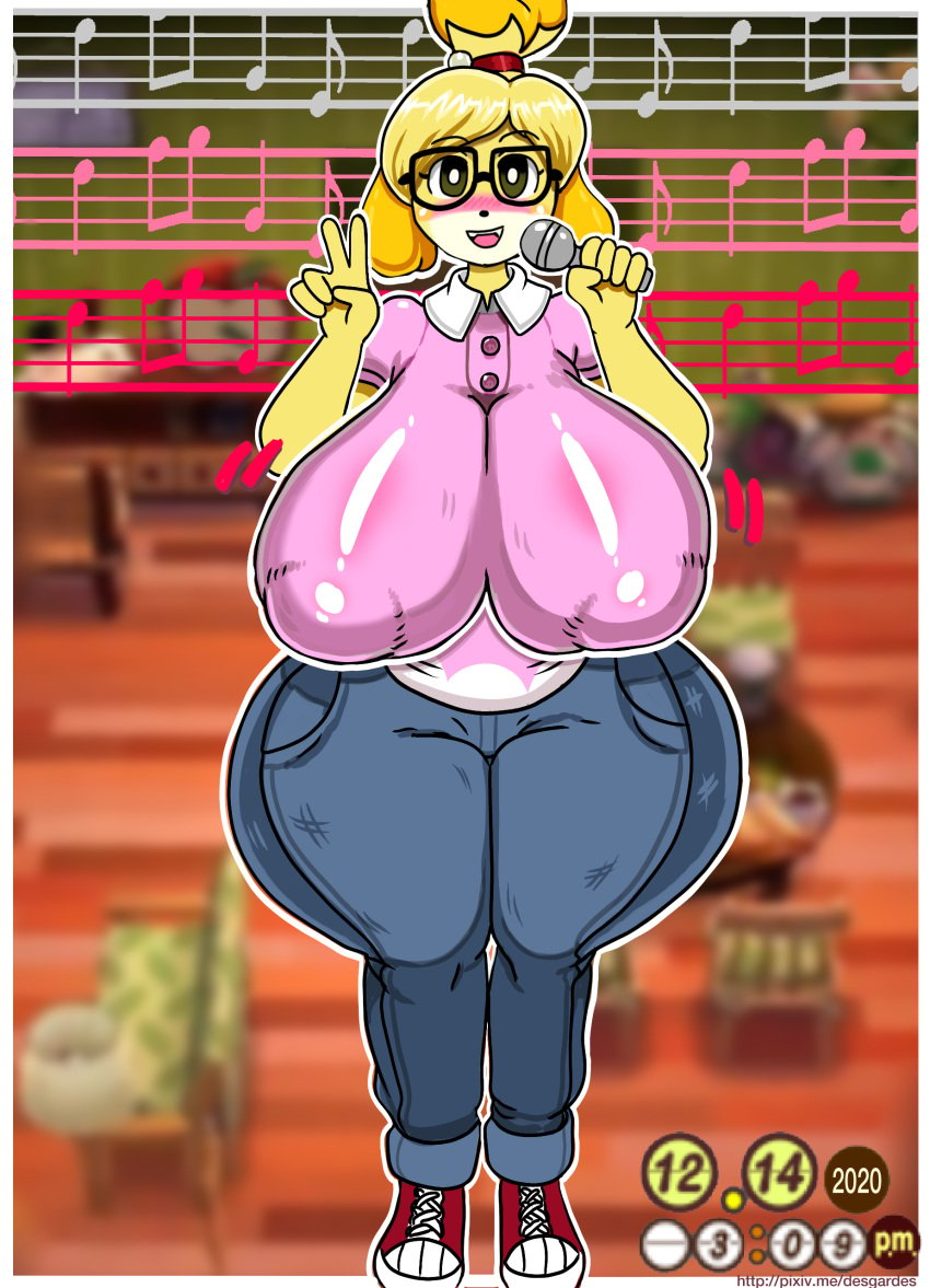 animal_crossing collared_shirt curvy desgardes glasses huge_breasts huge_nipples huge_thighs isabelle_(animal_crossing) jeans nerd nerdy_female nintendo nipple_bulge puffy_nipples thick_thighs wide_hips