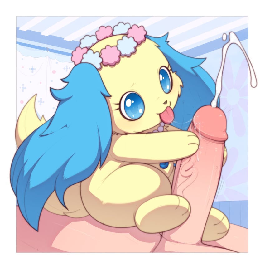 :3 :3p ambiguous_gender anthro biped blue_body blue_fur bodily_fluids canine dog duo ejaculation erection fur genitals handjob hi_res human human_on_anthro jewelpet jewelpet_(species) kekitopu male mammal penile penis saliva sanrio sapphie_(jewelpet) sega sega_toys sex yellow_body yellow_fur