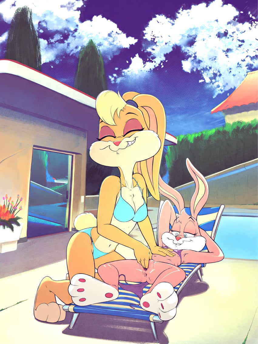 2girls age_difference animal_ears anus ass babs_bunny bikini bikini_top blue_bikini bottomless bunny bunny_ears cub d-rock female female/female female_only fingering fingering_partner fingering_pussy furry furry_female hi_res highres lagomorph lawn_chair lola_bunny looney_tunes mature_female multiple_girls navel older_female older_woman_and_younger_girl orange_fur outdoors pink_fur pool poolside purple_bikini pussy rabbit side-tie_bikini smile space_jam sunbathing swimsuit tiny_toon_adventures vaginal_fingering warner_brothers water young younger_female yuri