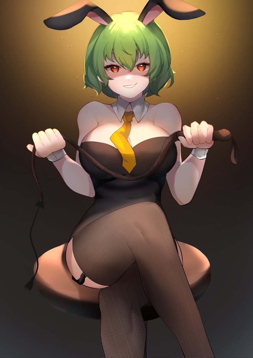 1girls alternate_costume animal_ears bare_shoulders black_leotard breasts brown_background brown_thighhighs cleavage crossed_legs detached_collar eyebrows_hidden_by_hair feet_out_of_frame female garter_straps gradient_background green_hair grin hair_between_eyes highres holding holding_whip kazami_yuuka large_breasts leotard looking_at_viewer majime_joe necktie rabbit_ears red_eyes short_hair simple_background sitting smile solo tagme thighhighs touhou wing_collar wrist_cuffs yellow_necktie yuka_kazami