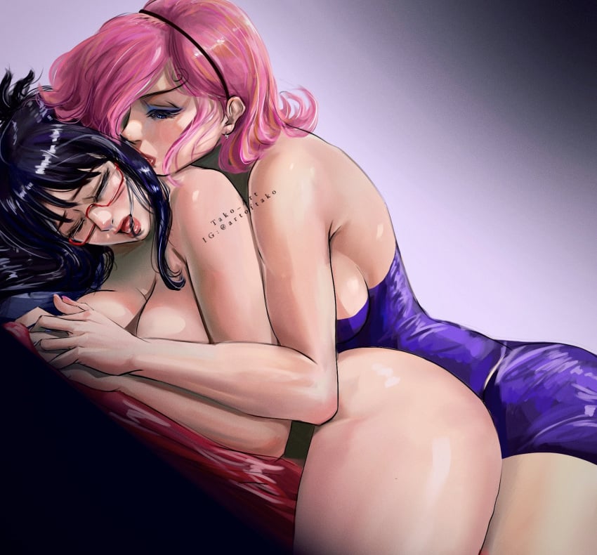 2girls big_breasts black_hair breasts cleavage female female_only femdom femsub glasses instagram_username lesbian lesbian_domination lezdom lezsub lying lying_on_person multiple_girls nude on_stomach on_top one_piece pink_hair sensual sideboob tako_art tashigi vinsmoke_reiju yuri