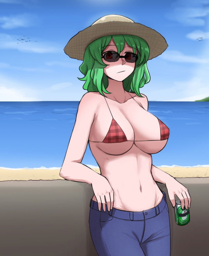 alcohol beach beer beer_can bikini bikini_top_only bird breasts can denim drink_can female green_hair hat highres jeans kazami_yuuka leaning_back leaning_on_object looking_at_viewer mata_(matasoup) medium_hair navel ocean pants plaid plaid_bikini red_eyes seagull sky solo straw_hat sunglasses swimsuit tinted_eyewear touhou yuka_kazami