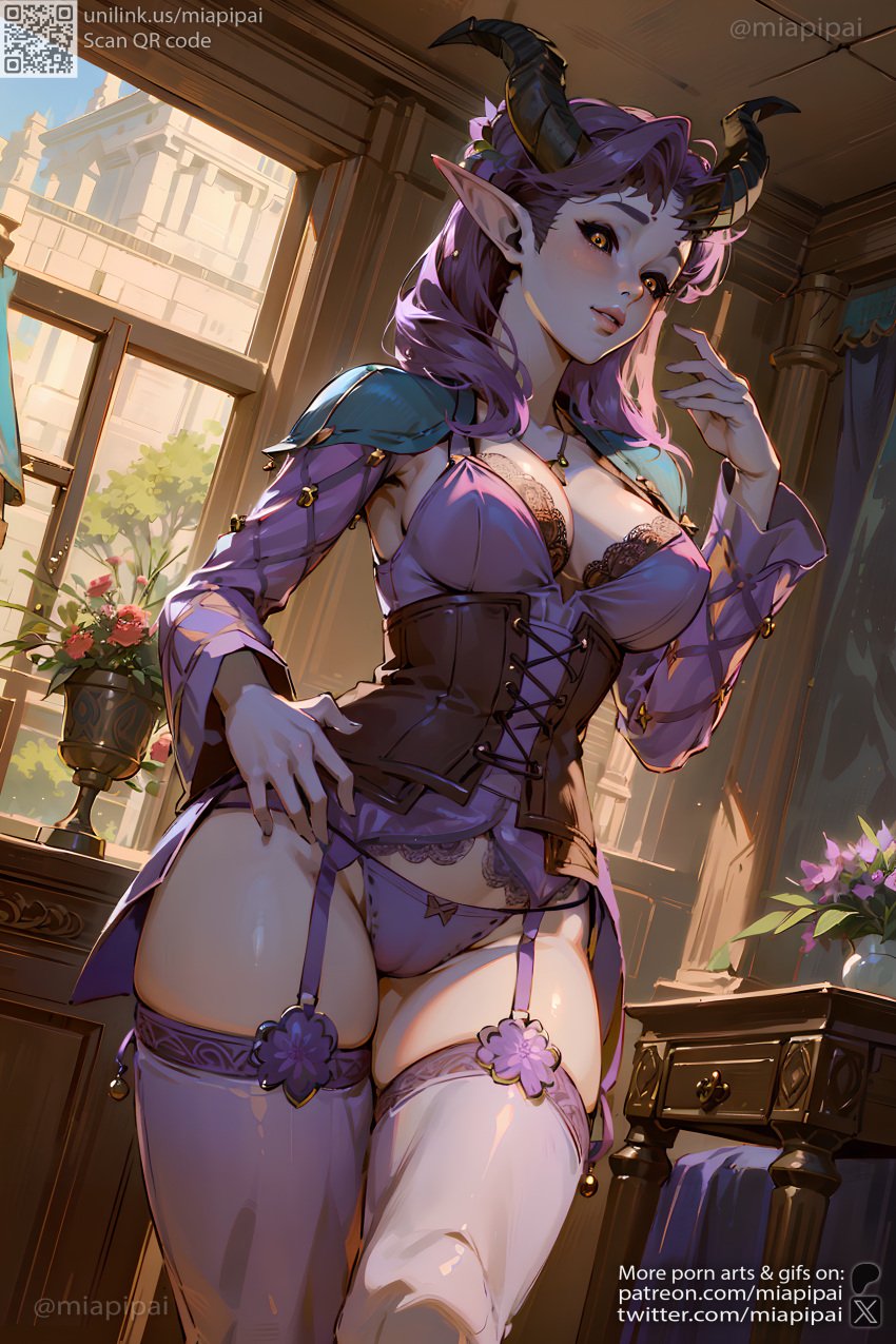 1girls 2024 ai_generated alfira artist_name asmodeus baldur's_gate baldur's_gate_3 black_sclera blush breasts busty cleavage colored_sclera corset cowboy_shot cross-laced_clothes day demon_girl demon_horns detached_sleeves elf_ears embarrassed female female_focus female_only finger_to_mouth flower game garter_belt garter_straps green_eyes hand_on_hip hi_res horns indoors lace_trim legs_together lingerie lips long_hair looking_at_viewer medium_breasts medium_hair miapipai no_pants one_girl orange_eyes panties parted_lips patreon patreon_username pauldrons pointy_ears potted_plant purple_hair purple_panties purple_skin purple_thighhighs self_upload sensual signature solo stable_diffusion standing table thighhighs thighs tiefling tiefling_asmodeus twitter twitter_username underwear vase video_game video_game_character video_games watermark web_address window