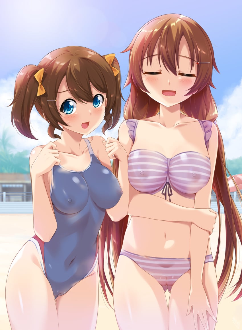 2girls bikini blue_eyes blue_one-piece_swimsuit blush bodypaint bow breasts brown_hair bunji cleft_of_venus closed_eyes completely_nude hair_ornament hairbow hairclip highres konoe_haruka konoe_kanata large_breasts light_brown_hair long_hair looking_at_viewer love_live! love_live!_nijigasaki_high_school_idol_club medium_hair multiple_girls navel nipples nude one-piece_swimsuit open_mouth outdoors painted_clothes pink_bikini pussy siblings sisters standing striped_bikini striped_clothes sweatdrop swimsuit twintails