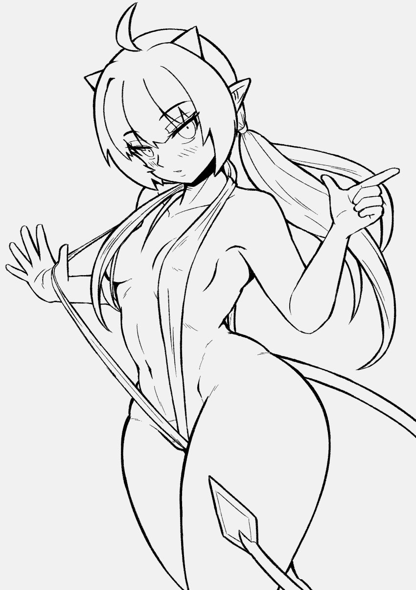 1girls ahoge blush breasts convenient_censoring epic7 female female_only horn long_hair looking_at_viewer masked_agent monochrome navel ravi_(epic7) sling_bikini small_breasts solo thick_thighs tied_hair wide_hips