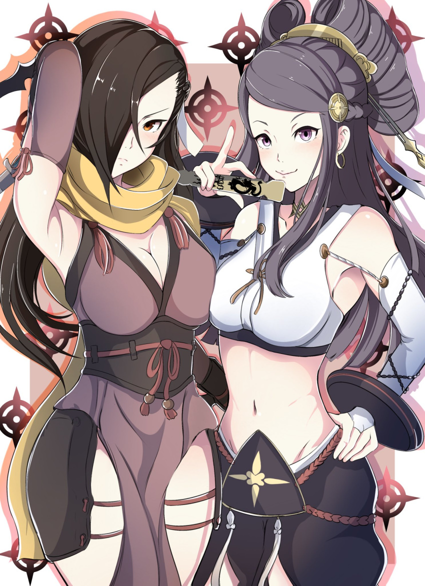 2girls armpits bare_shoulders blush breasts brown_eyes brown_hair cleavage female female_only fire_emblem fire_emblem_fates hair_bun hair_ornament hair_over_one_eye hand_on_own_hip highres holding japanese_clothes jewelry kagero_(fire_emblem) large_breasts long_hair looking_at_viewer midriff multiple_girls navel nenemu0 nintendo orochi_(fire_emblem) ponytail purple_eyes purple_hair scarf smile stomach yellow_scarf