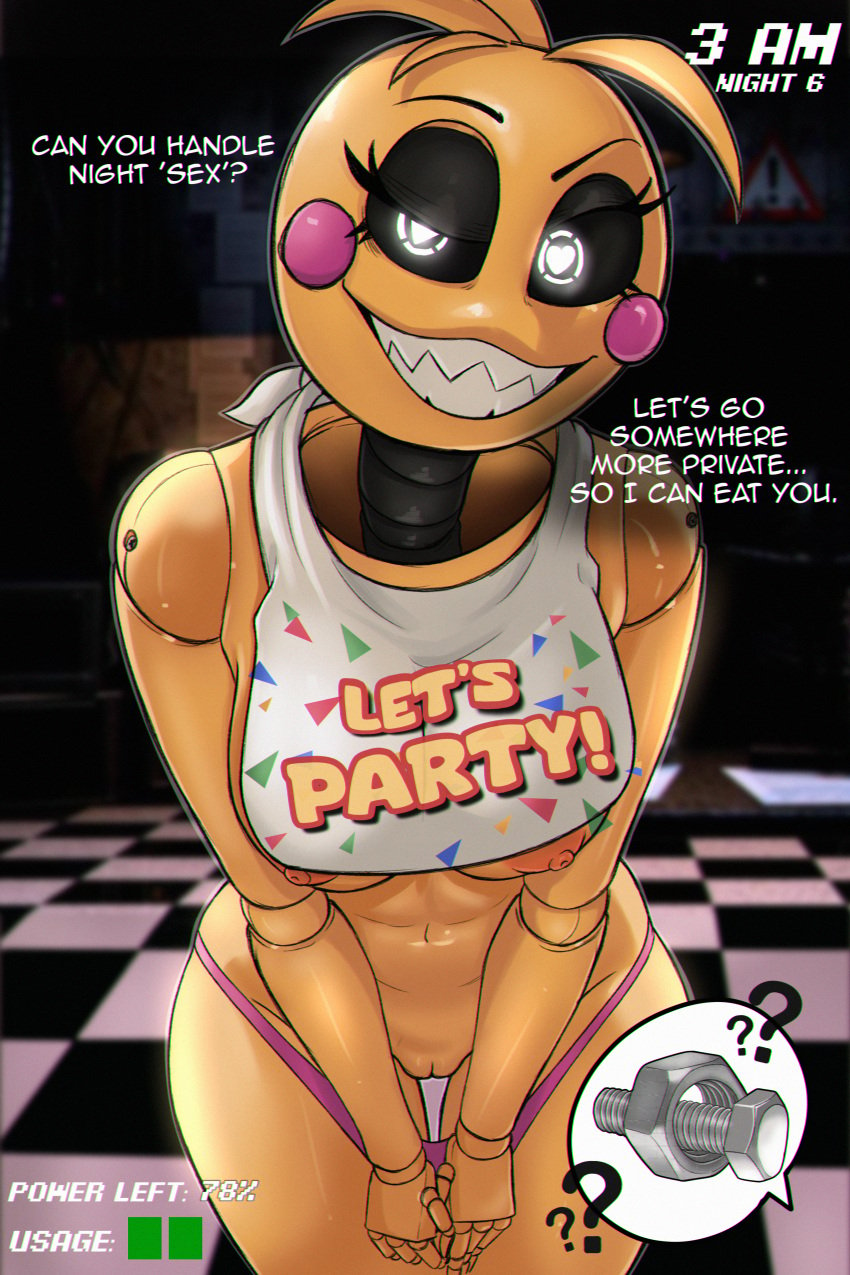 1girls animatronic anthro avian big_breasts bird breasts dialogue five_nights_at_freddy's five_nights_at_freddy's_2 fnaf imminent_sex mochi_lover pussy robot robot_girl seductive seductive_smile sharp_teeth smile solo tagme teeth toy_chica_(fnaf) toy_chica_(love_taste) voluptuous yellow_body yellow_skin