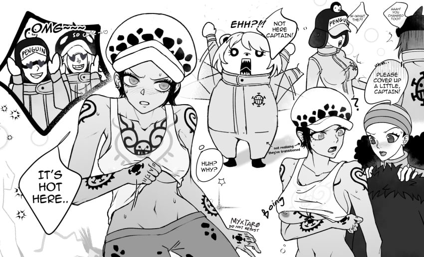 bepo big_breasts blush canon_genderswap chest_tattoo english_text female female_focus genderswap_(mtf) hat headwear heart_eyes ikkaku_(one_piece) male monochrome multiple_girls myxtaro no_bra one_piece one_piece:_egghead_arc penguin_(one_piece) rule_63 see-through_clothing shachi_(one_piece) short_hair shounen_jump sweat tank_top tattoo tattoos trafalgar_law trafalgar_law_(female) underboob