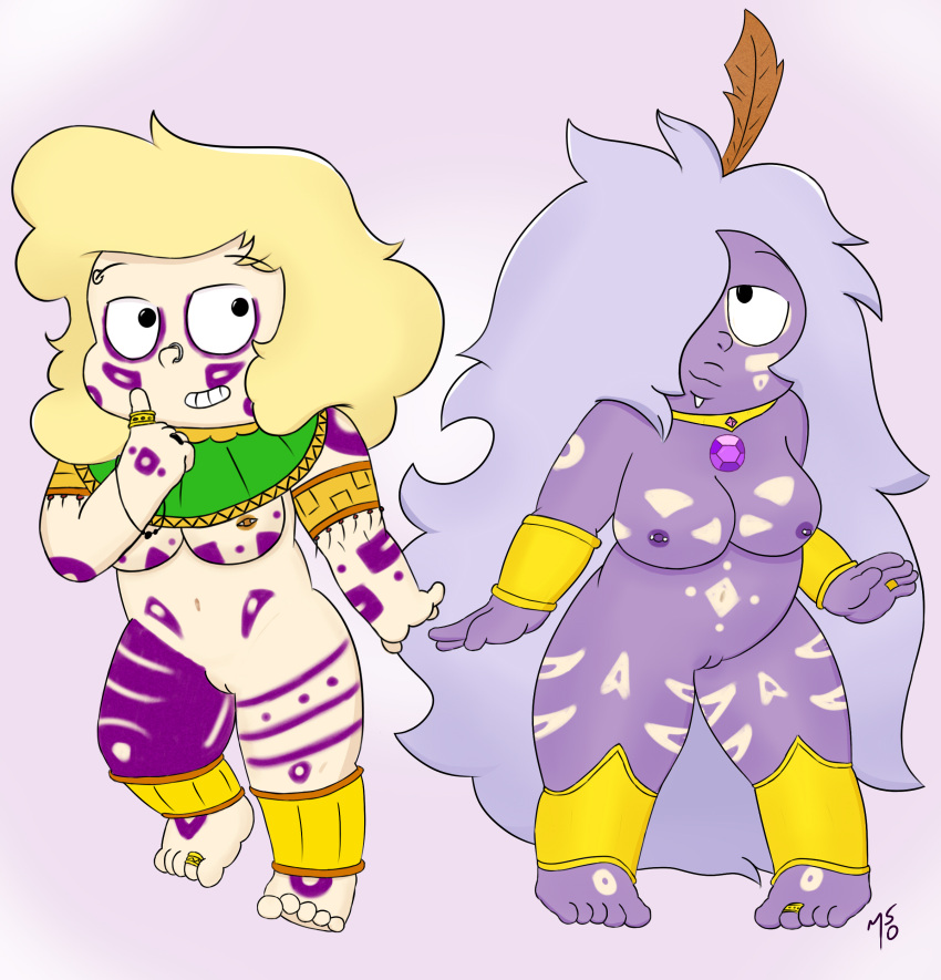 2018 2girls absurd_res amethyst_(steven_universe) artist_signature big_breasts blonde_hair body_paint cartoon_network chubby chubby_female commission digital_media_(artwork) gem_(species) jewelry jewelry_only light-skinned_female light_skin ms10 multiple_girls necklace nipple_piercing pierced_nipples piercing piercings purple_hair purple_skin ring sadie_miller shortstack simple_background steven_universe toe_ring tribal uncensored