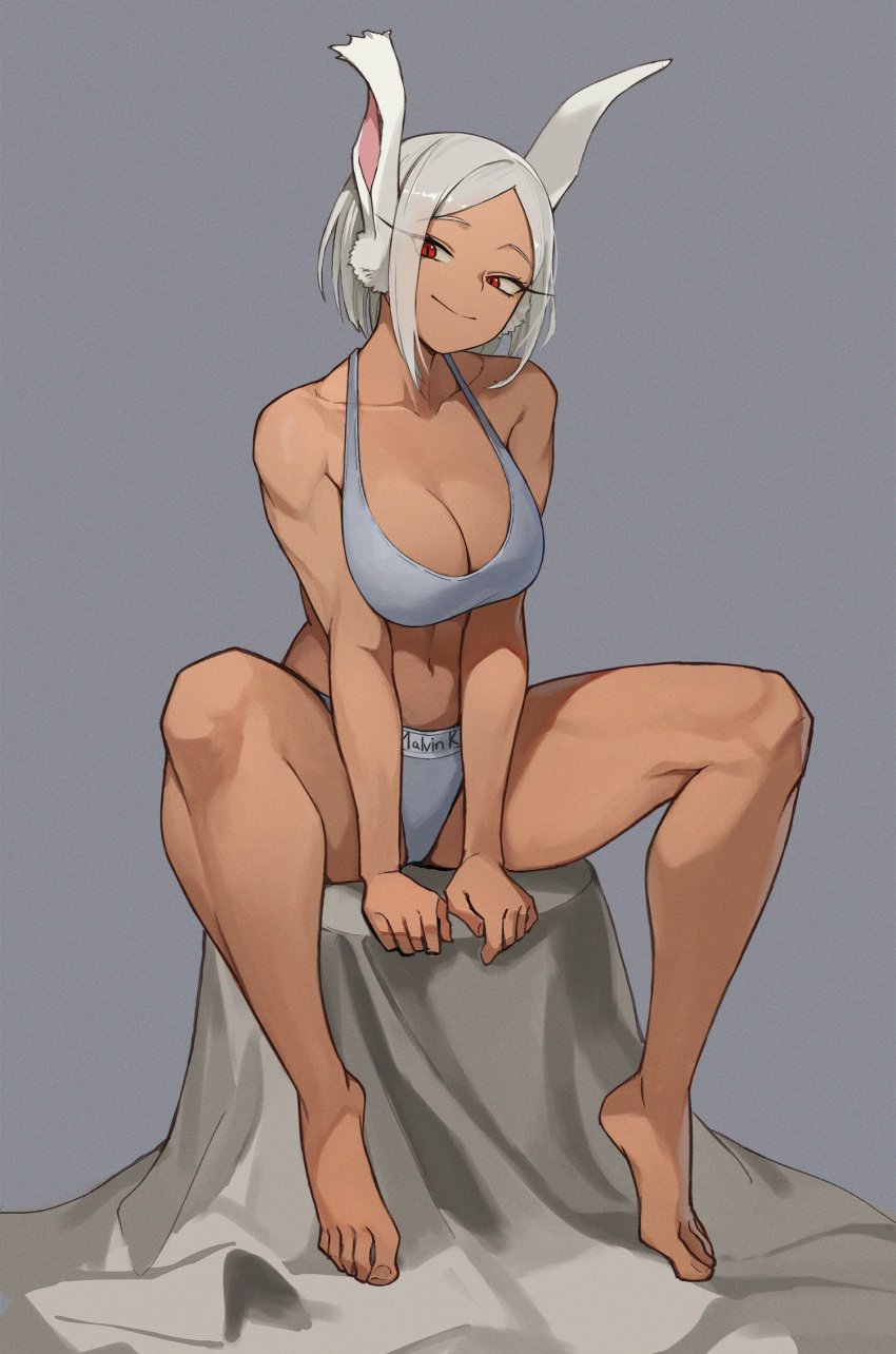 1girls 2024 alternate_costume alternate_hairstyle breasts bunny_ears bunny_girl calvin_klein cleavage dark-skinned_female dark_skin female female_only highres jason_kim large_breasts lingerie miruko my_hero_academia red_eyes rumi_usagiyama short_hair sitting solo white_hair