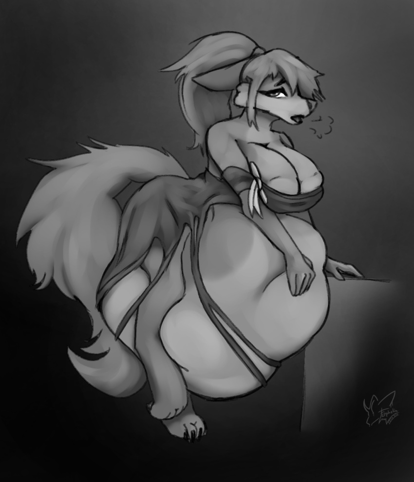 anthro belly big_belly big_breasts breasts destroyed_clothing exhausted exhaustion female female_pred flophelia furaffinity furry hi_res inkbunny long_tail looking_at_viewer ripping_clothing sigh sighing solo tail vore