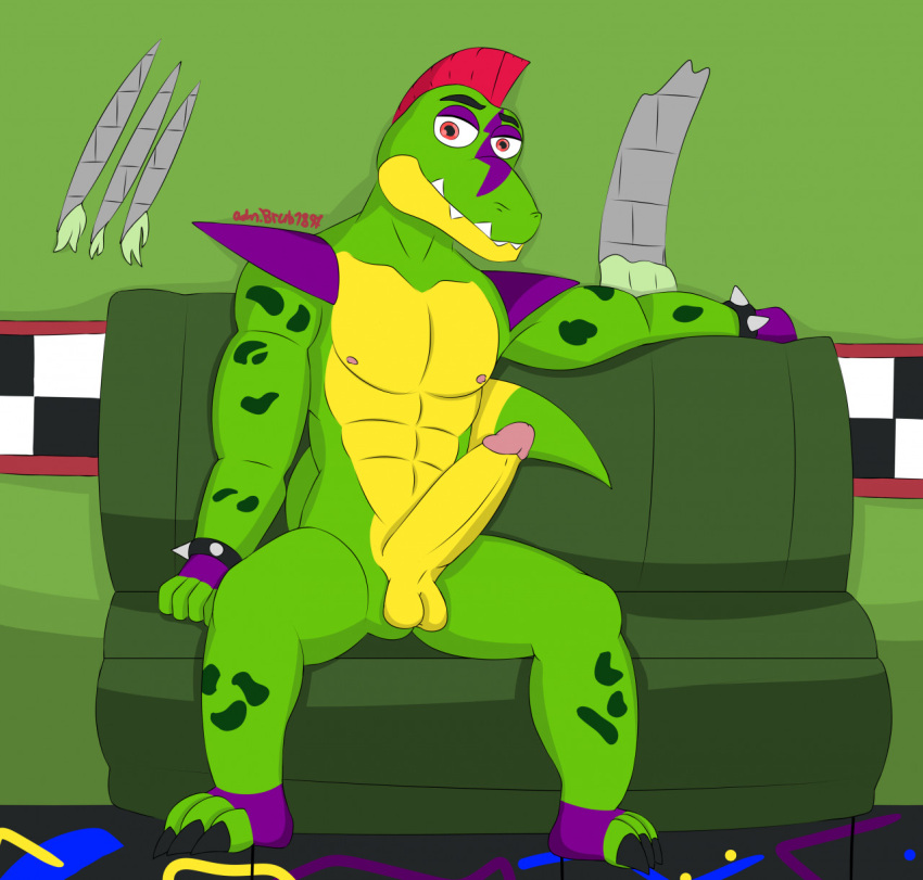 admiralbruh1897 alligator_tail animatronic anthro background biceps body_markings boner erection facial_markings five_nights_at_freddy's five_nights_at_freddy's:_security_breach fnaf green_body lighting_bolt looking_at_viewer machine male male_focus male_only mohawk mohawk_(hairstyle) montgomery_gator_(fnaf) muscular muscular_anthro muscular_arms muscular_male muscular_thighs non-human non_mammalian_nipples nude pink_glans presenting presenting_penis red_hair reptile reptile_humanoid robot robot_humanoid scottgames simple_background simple_coloring sitting solo solo_male spiked_bracelet spotted_body tail tail_markings tattoo two_tone_body two_tone_fur