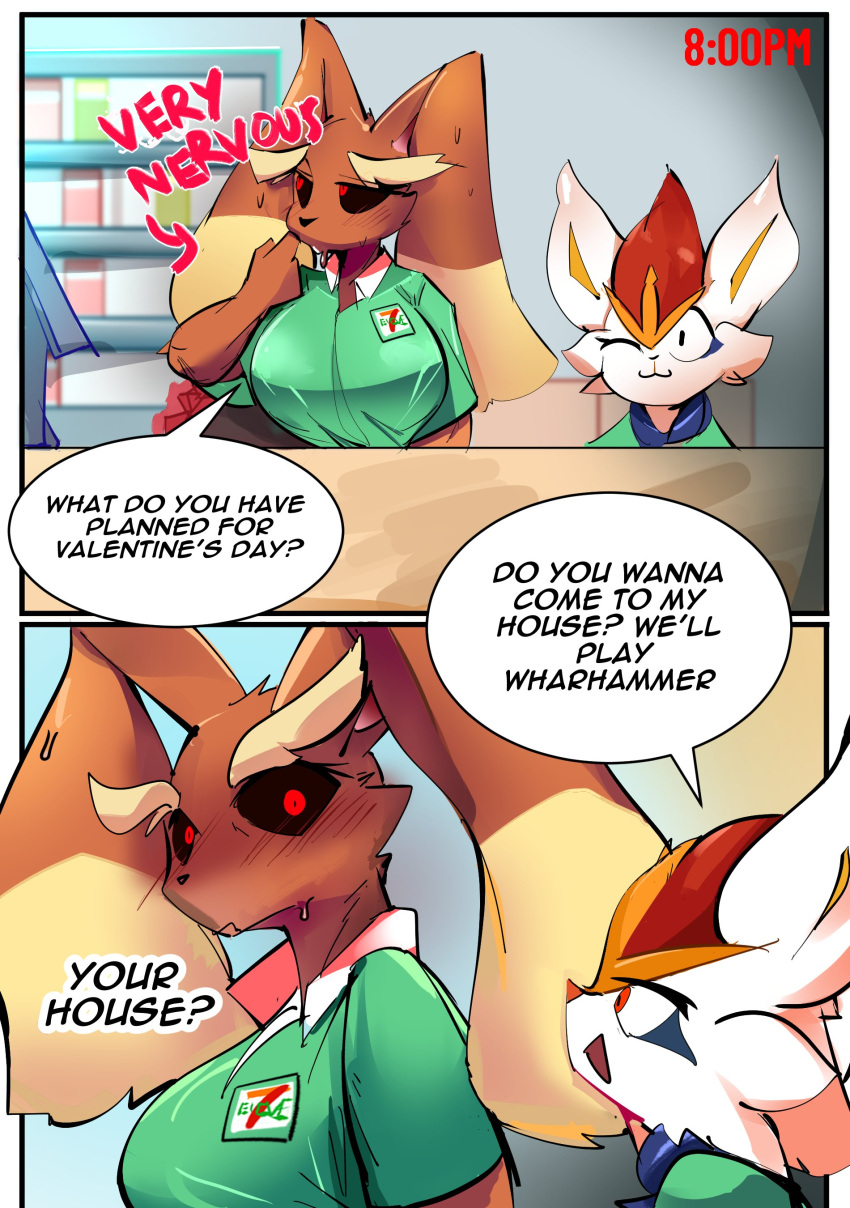 1boy 1girls big_breasts blush bunny_ears bunny_girl cinderace color comic english_text female furry game_freak hi_res large_breasts lopunny male male/female nervous nintendo page_4 pokémon_(species) pokemon pokemon_(species) pokemon_ss red_eyes sirkerner tagme text text_bubble thick_thighs