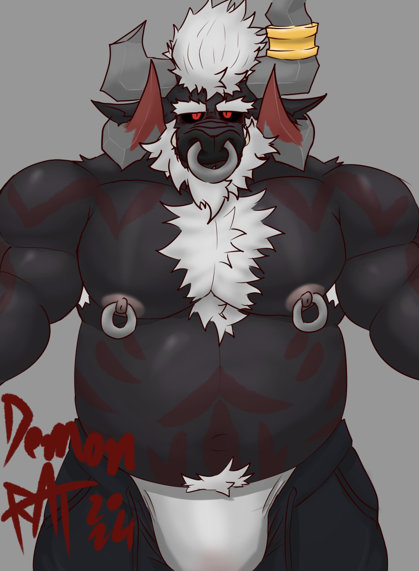 absurd_res anthro beard black_body black_fur body_hair bovid bovine bulge cattle chest_hair chest_tuft clothed clothing demonrat facial_hair facial_piercing fur hair hi_res jewelry male mammal nipple_piercing nipples nose_piercing piercing solo stangel_(demonrat) tattoo tuft underwear