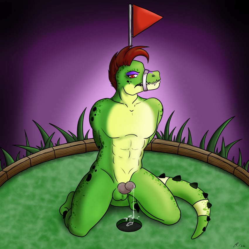 alligator_tail animatronic anthro background biceps body_markings boner completely_naked completely_naked_male completely_nude completely_nude_male erection facial_markings five_nights_at_freddy's five_nights_at_freddy's:_security_breach fnaf golf_ball golf_course gradient_background green_balls green_body lighting_bolt machine male male_focus male_only mohawk mohawk_(hairstyle) montgomery_gator_(fnaf) muscular muscular_anthro muscular_arms muscular_male muscular_thighs non-human non_mammalian_nipples nude pink_glans pink_penis precum precum_drip precum_on_penis precum_string red_hair reptile reptile_humanoid robot robot_humanoid simple_background solo solo_male spiked_bracelet spotted_body tail tail_markings tattoo tied_male tied_up two_tone_body two_tone_fur