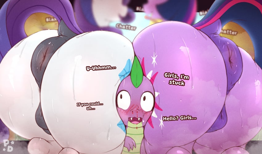 absurd_res alicorn animal_genitalia animal_pussy anthro anus ass between_butts big_butt blood blush blush_lines bodily_fluids butt_squish dialogue dragon english_text equid equine equine_anus equine_genitalia equine_pussy fangs female feral friendship_is_magic fur genitals group hair hasbro hi_res horn horse larger_female male mammal mane multicolored_hair multicolored_mane multicolored_tail my_little_pony mythological_creature mythological_equine mythological_scalie mythology nosebleed open_mouth pony pony_dreaming puffy_anus purple_body purple_fur purple_hair purple_mane purple_scales purple_tail pussy raised_tail rarity_(mlp) scales scalie size_difference smaller_male spike_(mlp) squish steam stuck sweat sweaty_butt sweaty_genitalia sweaty_legs sweaty_thighs tail teeth text trio twilight_sparkle_(mlp) unicorn white_body white_fur wide_eyed wings