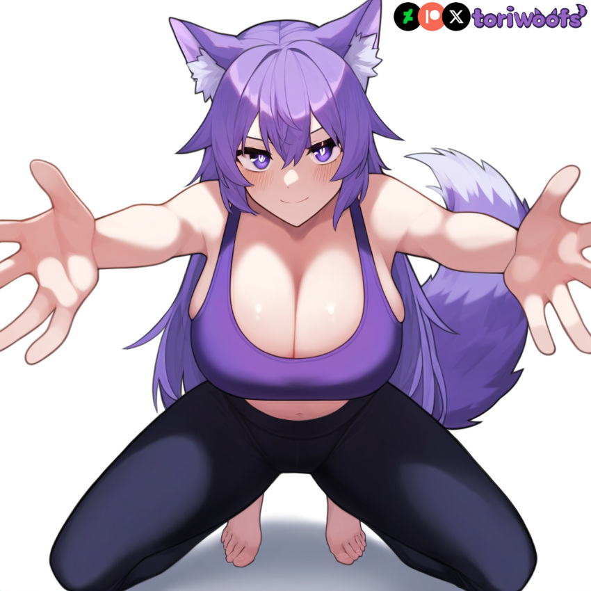 1girls ai_generated blush bra breasts cleavage curvy cute dog_ears dog_girl doggirl embrace feet female female_only highres hips hug huge_breasts kemonomimi light_skin light_skinned_female long_hair looking_at_viewer on_knees patreon_username petgirl petite purple_ears purple_eyes purple_hair purple_tail smirk sports_bra thick_thighs thighs tori toriwoofs watermark wide_hips wolf_ears yoga_pants