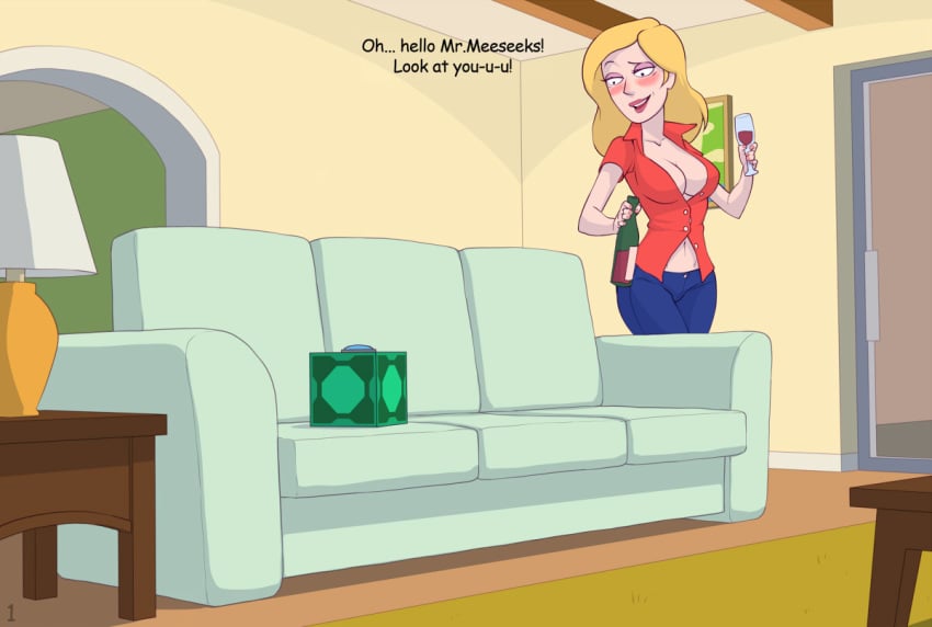 ! beth_smith blonde_hair blush breasts cleavage clothed couch drunk english_text eyelashes eyeshadow female female_only human indoors jeans kotaotake large_breasts long_hair milf navel rick_and_morty smile solo standing text unbuttoned wine wine_bottle wine_glass