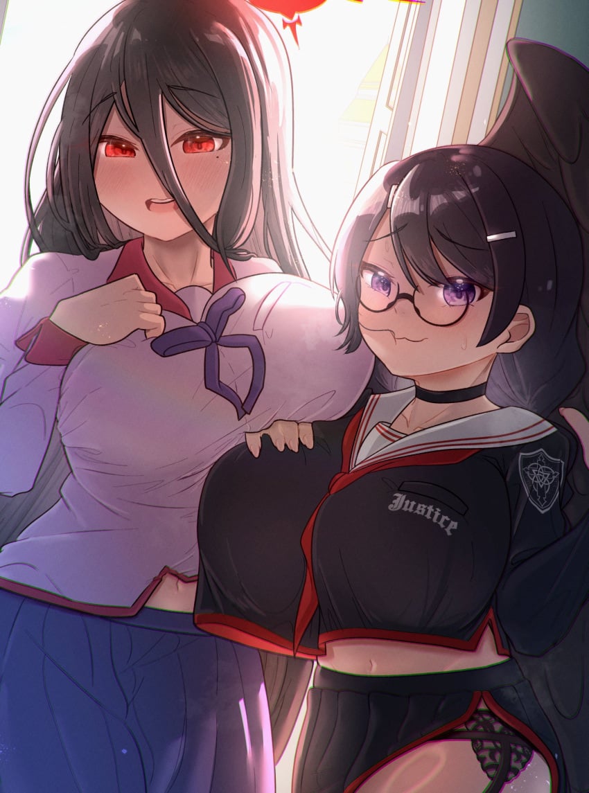 2girls bakemonogatari black_hair blue_archive female_only glasses halo hanekawa_tsubasa hasumi_(blue_archive) light-skinned_female monogatari_(series) multiple_girls otawan outfit_swap school_uniform tagme trinity_general_school_logo_(blue_archive)