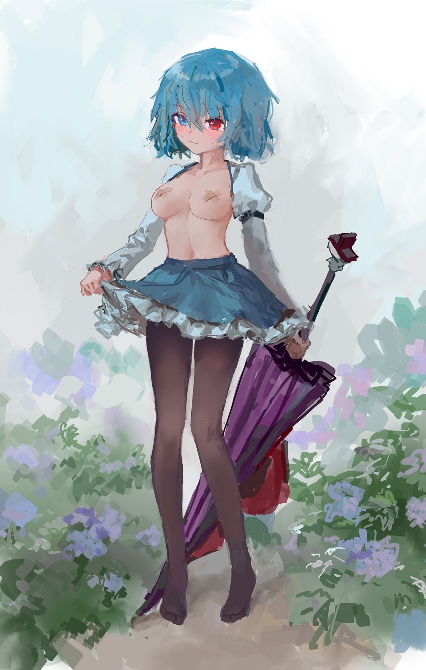 1girl black_footwear black_pantyhose blue_eyes blue_hair blue_skirt breasts closed_mouth closed_umbrella commentary commission cute english_commentary full_body heterochromia highres juliet_sleeves karakasa_obake kogasa_tatara long_sleeves looking_at_viewer medium_breasts outdoors pantyhose puffy_sleeves purple_umbrella red_eyes reddizen shirt short_hair skirt solo standing tagme tatara_kogasa touhou umbrella vest white_shirt